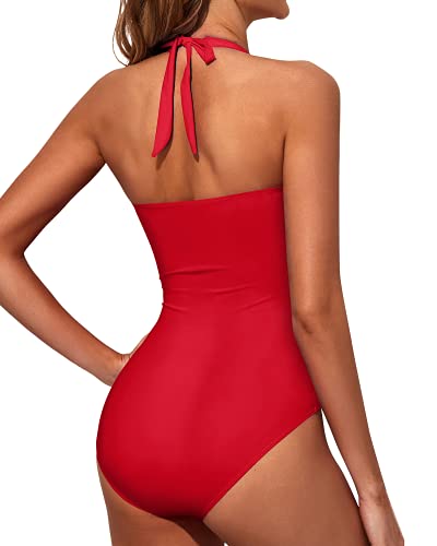 Tempt Me K201010-R-L Women Red Tummy Control One Piece Swimsuits Push Up Slimming Bathing Suits Halter Vintage Swimwear L thumb #3
