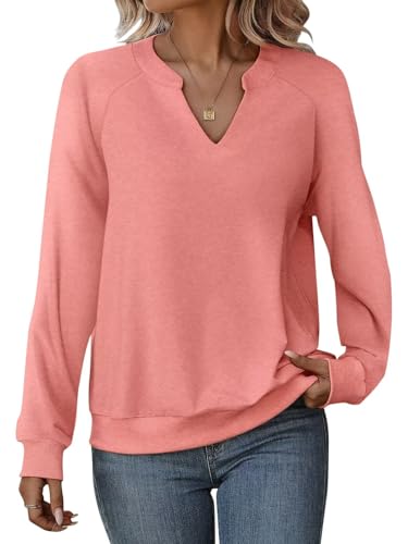 EADINVE Women Casual Long Sleeve V Neck Sweatshirts Cute Loose Fit Lightweight Pullover Tops