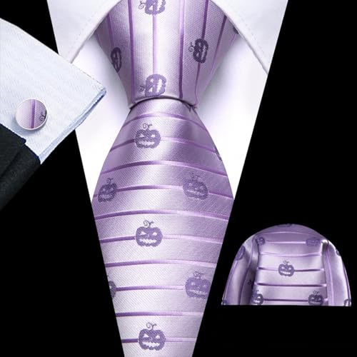 Image of Barry.Wang Man Tie Sets Pumpkin Extra Long Necktie Silk Woven Handkerchief Cufflinks Festival Party Gift Lilac
