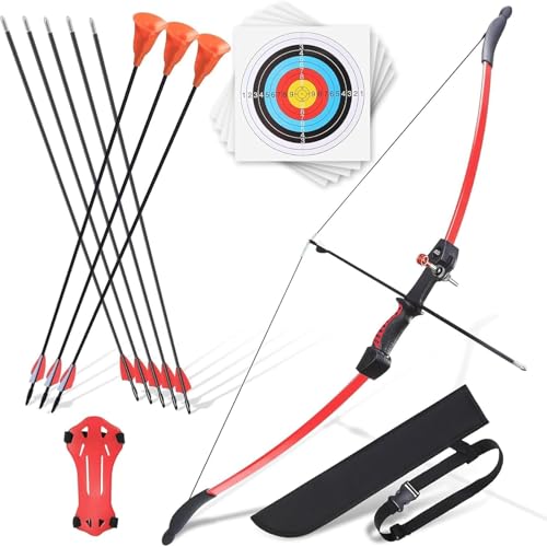 Image of crazymouse Bow and Arrow for Teens Beginners Adults Recurve Bow Set 8 Arrows 5 Target Face Archery Longbow Kit Backyard Games Gift for Outdoor Sports (Red Archery Bow Set)