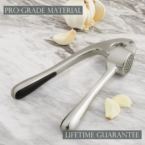 Premium Garlic Press, Garlic Mincer Set of 3 with Silicone Roller Peeler & Cleaning Brush -(Imperial Silver)
