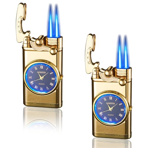 Feuerzeug mit Uhr 2 Stück, Gasfeuerzeug Jetflame Doppelstrahl Flamme Jet Sturmfeuerzeug, Metall Winddichtes Tragbares Aufblasbares Feuerzeug für Männer und Vater Geschenks (Gold, ohne Gas) Feuerzeug mit Uhr 2 Stück, Gasfeuerzeug Jetflame Doppelstrahl Flamme Jet Sturmfeuerzeug, Metall Winddichtes Tragbares Aufblasbares Feuerzeug für Männer und Vater Geschenks (Gold, ohne Gas)