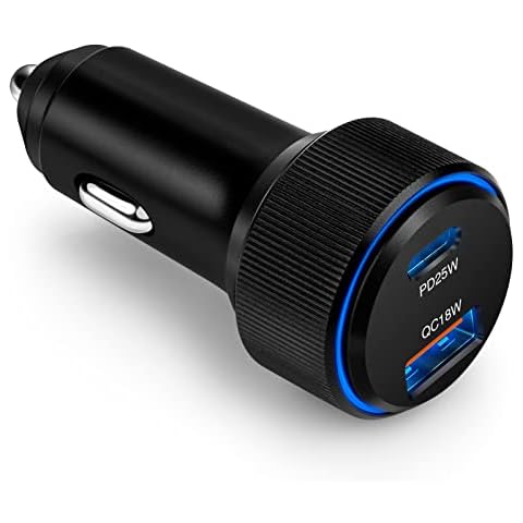 Car Charger, Abetcabe 43W Dual Car USB C Charger, Aluminum Car Adapter PD 3.0 Fast Charging with LED Compatible for iPhone 13/12, iPad Pro, Pixel6, Samsung Galaxy S22/S21/S21+/S20, Moto/Sony, Black Cover