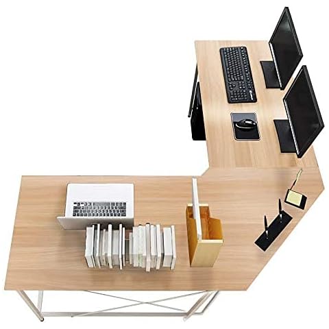 sogesfurniture Computer Desk L-Shaped Corner Desk l shaped desk Computer Workstation Large PC Laptop Table Study Table Gaming Desk for Home and Office, 150 + 150CM, White Maple LD-Z01MO-BH Cover