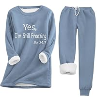 DEPENSL Yes I'm Still Freezing Me 24/7 Womens Fall Winter Pajama Sets 2 Piece Loungewear Fuzzy Fleece Sherpa Sweatshirt Top Suit(Blue02, M)