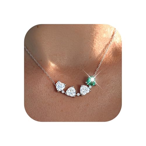 Women's Sterling Heart Birthstone Silver Necklace - 925 Sterling Silver Four-Leaf Clover 2-in-1 Moissanite Pendant Necklace with Adjustable Chain for Anniversary Birthday Valentine's Day