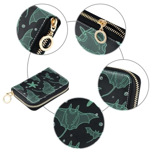 Childish Animal Manta Ray Fish Black Green leather card case wallet women With 9 cards slot RFID Blocking credit card holder with zipper3