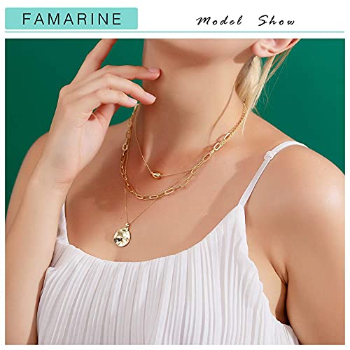 FAMARINE Gold Layered Pendant Long Necklace, 3 Layer Choker Necklace Chain Pendant Costume Jewelry for Women3