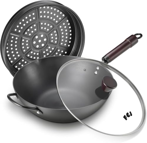 Image of FGJ Wok, 13 Inch carbon steel wok pan with steamer & stir-fry pans nonstick, Pre-Seasoned 5.8QT Flat Bottom Chinese Woks Roasting Pan with lid, Carbon Steel Cookware, Compatible with All Cooktops