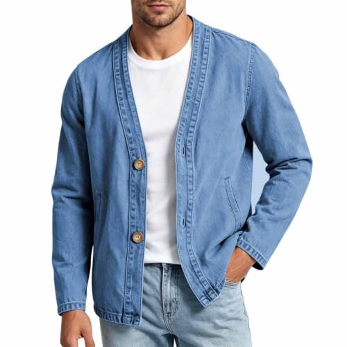 fartey Denim Cardigan Men V Neck Button Up Jacket Fashion Long Sleeve Coat - image 4