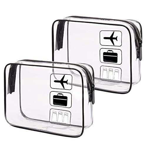 2 Pièces Trousse de Toilette Transparente, Sacs d'avion Transparents PVC Imperméable Pochette Transparente Voyage TSA Trousse Maquillage Voyage pour Hommes et Femmes (Noir) Cover