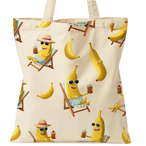 Zallobee Banana Tote Bag Funny Summer Fruit Canvas Bag Tropical Beach Bags Gifts for Women Double-Sided Print Inner Pocket
