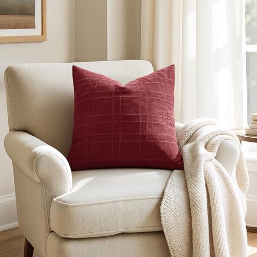 Image of MIULEE Linen Plaid Pillow Covers Christmas Decorative 20x20 Burgundy
