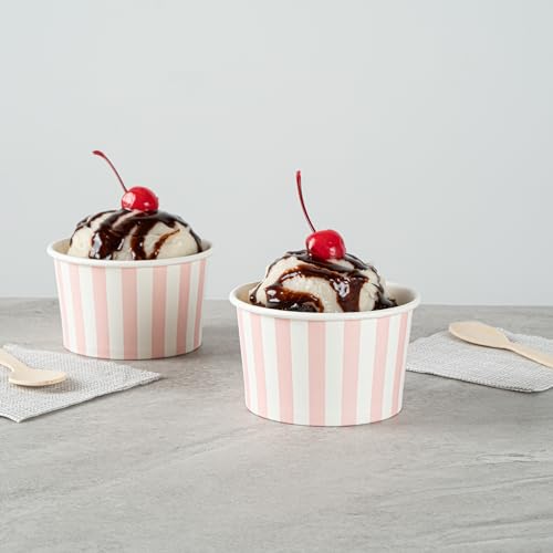 Image of Restaurantware Coppetta 5-Ounce Dessert Cups, 50 Disposable Ice Cream Cups - Lids Sold Separately, Striped, Pink And White Paper FroYo Bowls, For Hot And Cold Foods, Perfect For Gelato Or Mousse