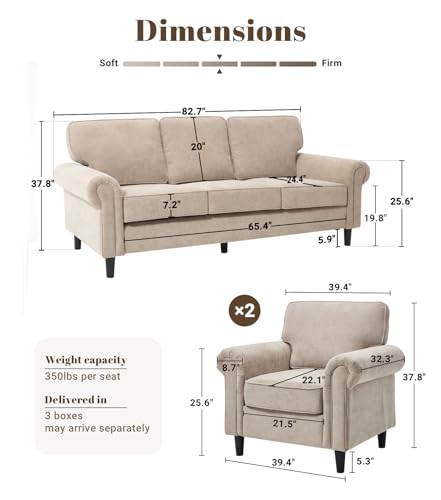 Image of Kingfun 3 Seater Couch, Mid Century Modern Sofa Set with Rolled Arms and Deep Seats, Fluffy Comfort for Living Room, Apartment, Easy Assembly, Khaki