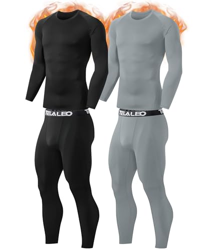 TELALEO 2 Set Mens Thermal Underwear Fleece Lined Long Johns 4 Pcs Base Layer Shirts Pant for Cold Winter Weather L