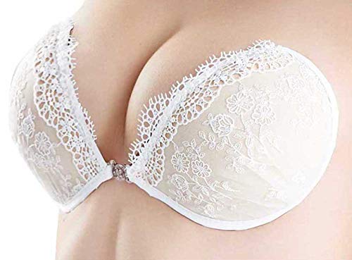 SportsWell Women Sexy Lace Embroidery Push Up Silicone Strapless Invisible Bra, White M