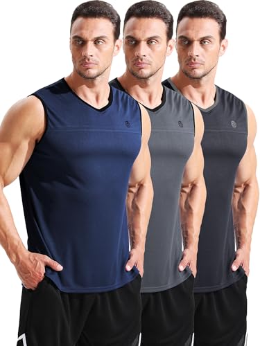 Image of NELEUS Men's 3 Pack Running Tank Tops V Neck Sleeveless Athletic Shirts,5122,Black /Grey /Navy Blue,2XL
