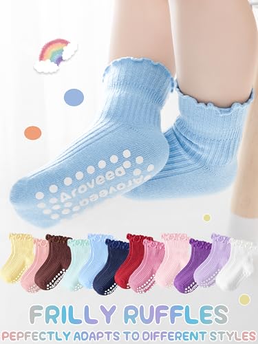 Image of Baby Toddler Girls Socks Grip Ruffle Non Slip Kids Cotton 12 Pack Socks | Premium Soft Cotton,Full Anti-Slip Grips,6 Month-7T Grippy Crew Socks for Girls,Daily School All Season Wear,Cute Ruffle Edge