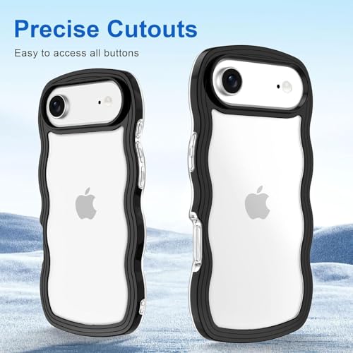 Image of GoldKart iPhone 17 Air Case Wavy Edge Clear Back Design, Anti-Slip Grip Cute Wave Curly Frame Shape Shockproof Soft TPU & Hard PC Bumper Protective Phone Case Cover for Women Girls - Black