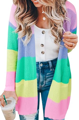 Image of ECOWISH Cardigan Sweaters for Women Fall Causal Color Block Striped Long Sleeve Open Front Cozy Knitted Coats Spring Outwear
