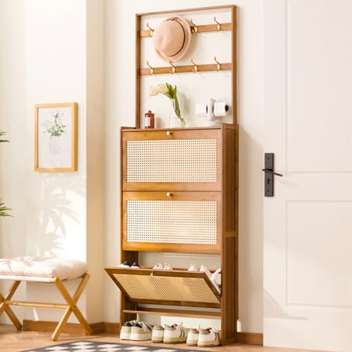 Moderno perchero de ratán con 3 cajones abatibles, organizador de almacenamiento de zapatos de 3 niveles para tacones y pantuflas, muebles elegantes para entrada y pasillo