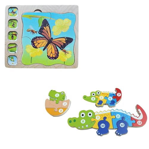 Image of Butterfly Life Cycle Puzzle for Kids, Wooden Puzzle with Layers Showing Butterfly Transformation, Ages 2+ | Aligator Life Cycle Jigsaw Puzzle -Fun &Animal Puzzle | Combo Pack of 2