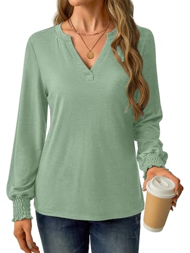 GKBK Womens Long Sleeve Shirts Fall Tops V Neck Business Dressy Casual Blouses with Smocked Cuffs Green — view 3