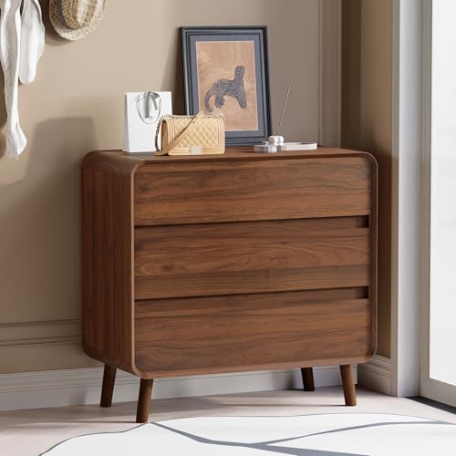 Image of Nasonet 3 Drawer Dressers for Bedroom, Mid Century Modern Chests of Drawers, Curved Dresser with Storage Drawer, Wooden Bedroom Furniture Drawer for Closet, Home Office, Walnut