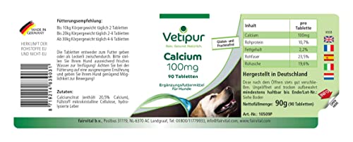 Fairvital | Vetipur Calcium 100mg aus Calciumcitrat, Futterergänzung für Hunde, 90 Tabletten, für Knochen, Zähne und Muskulatur