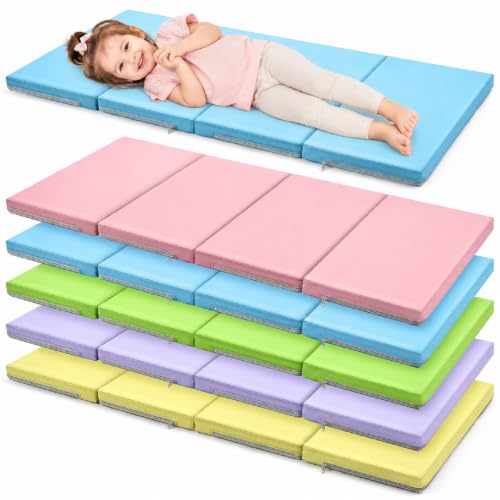 Image of Wesiti 5 Pcs Nap Mats for Preschool 47 x 24 1.37 inch Thick Folding Rest Mat 4 Section, Sleeping Pad for Kids Children Daycare Nap School Classroom Kindergarten Daycare Travel Home, Macaron Color
