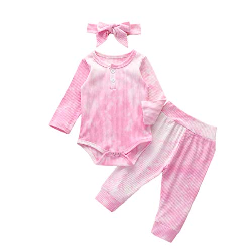 Newborn Baby Boy Girl Fall Clothes Long Sleeve Tie Dye Romper Top Pants Headband 5Pcs Outfits Pajamas Set A-Pink