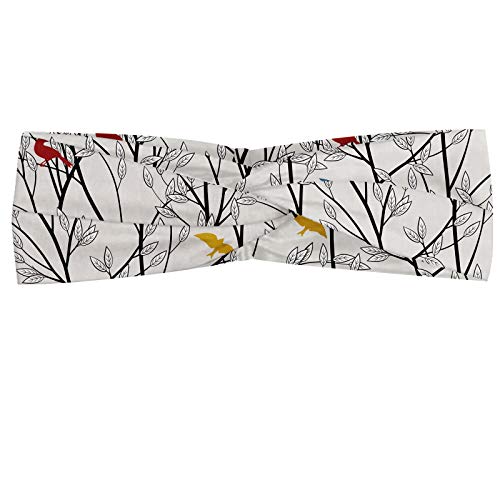 ABAKUHAUS Forêt Bandeau, Branches et oiseaux colorés bois Inspired Résumé Design Arbre feuillu, Serre-tête Féminin Élastique et Doux pour Sport et pour Usage Quotidien, Noix de coco et Multicolor