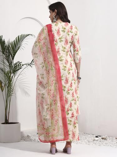 Image of idaLia Women's Multicolor Floral Printed Cotton Kurta Pant Set with Dupatta | Straight Fit | V-Neck | 3 /4 Sleeves Ethnic Suit