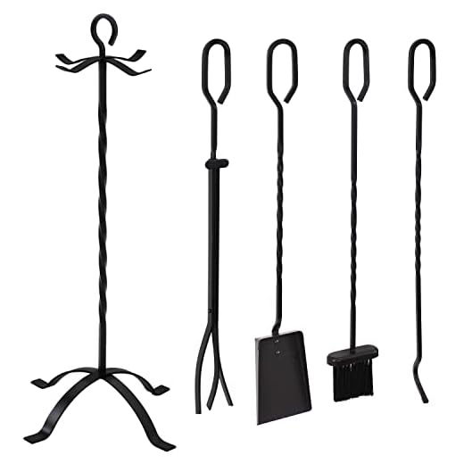 Sunnydaze 4-Piece Fireplace Tool Set with Stand - Heavy-Duty Black Steel Poker, Shovel, Log Grabber and Broom