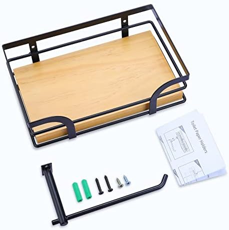 AIDILI Toilet Roll Holder Wall Mounted - Toilet Roll Holder with Shelf, 2 in 1 Black Toilet Paper Holder, Wooden Toilet Paper Holder for Bathroom and Kitchen
