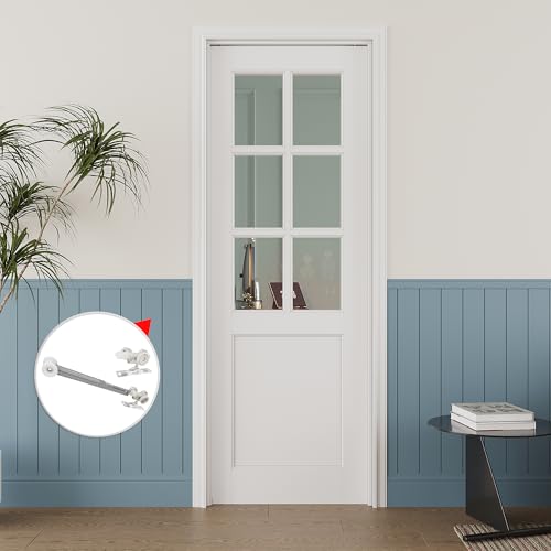 Image of 28 inch x 80 inch 6-Lite Clear Glass Pocket Door, Soft-Close Sliding Pocket Door with Frame & Hardware Kit Set, Primed All-Inclusive Interior Door Slab for Home, White, Need to Assemble