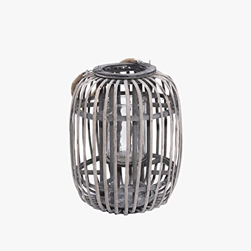 Grey Wicker Lantern With Candleholder Garden Lightning Table Lights Rattan Lamp Decorative Rattan Lantern- Height 28 cm