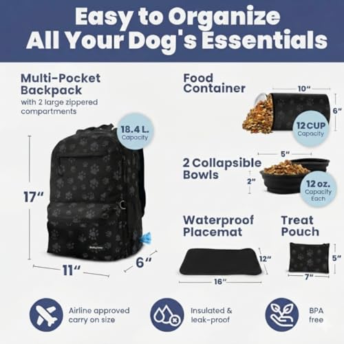 Image of Dog Travel Bag for Supplies - Complete Dog Diaper Bag Backpack with 2 BPA-Free Travel Bowls, Treat Pouch, Food Container, Placemat & Laptop Sleeve - for Traveling, Road Trips, Hiking: Black-Paw Print