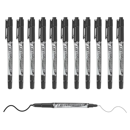 M&G Permanent Twin Markers Dual Ultra Fine Point Tip(1.5mm+0.5mm), 12 Pack Quick Dry Waterproof Fiber Tip Pens for Paper, Glass, Plastic, Wood, Stone, Metal Surface, Black