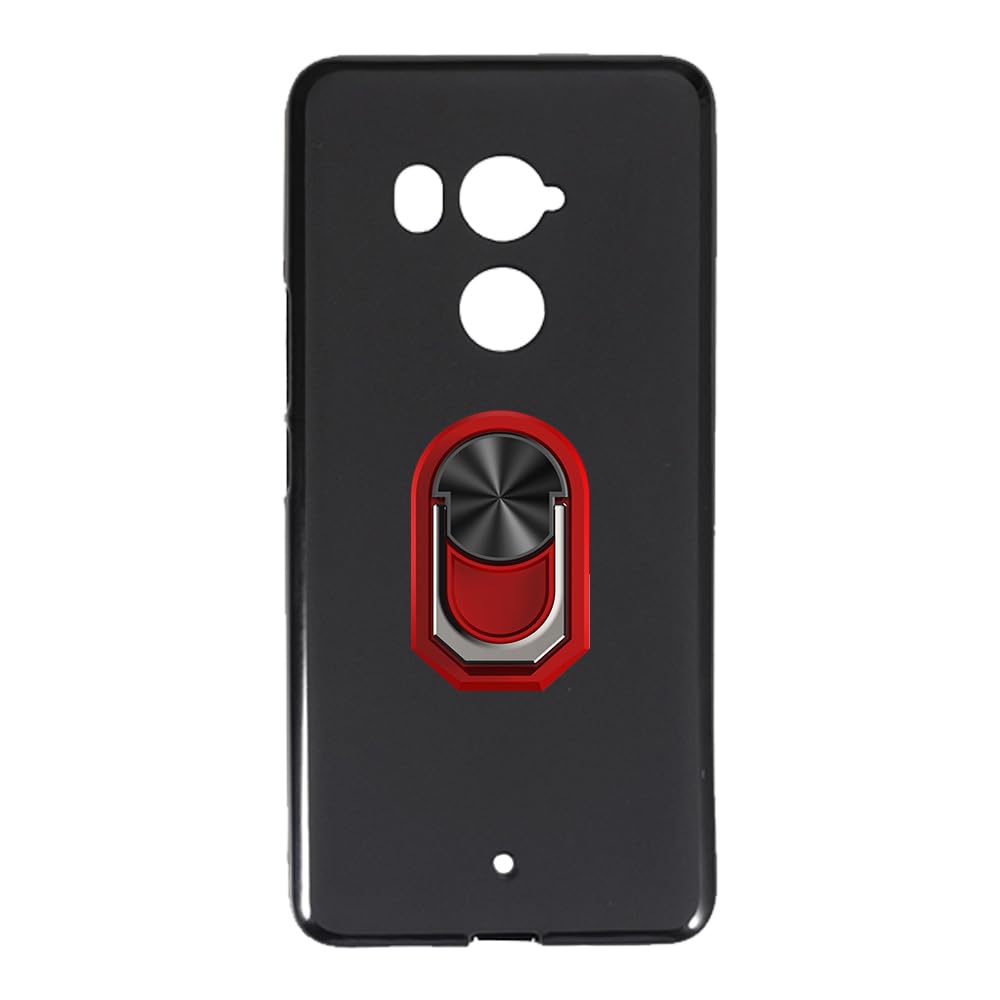 Flexible Case + Ring Holder Compatible with HTC U11 Plus Phone Shockproof Cover & Magnetic Mecha Style Finger Grip Kickstand (Black+RedRing)