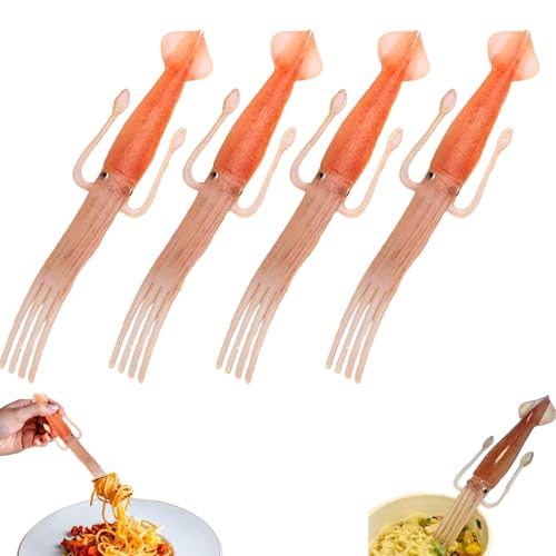 Squid Noodle Fork?Pasta Fork?Pasta Tools?Heat-Resistant Silicone Fork?Multi-Purpose Forks for Ramen/Pasta/Salad (4 PC)
