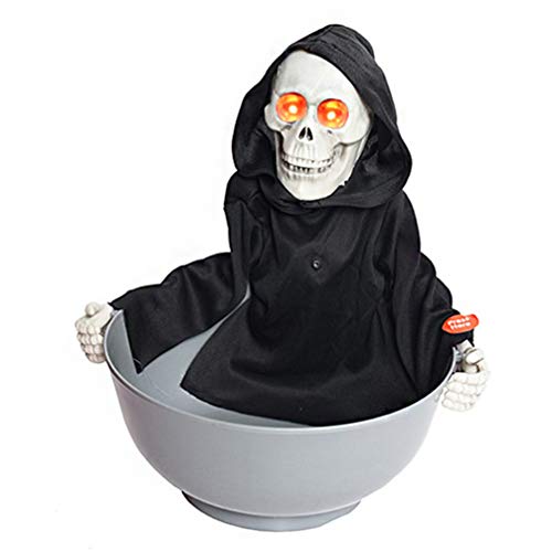 Susto Cráneo Animatronics Cuenco de Caramelo Fantasma Brillante Plato de Caramelo Figurilla Horror Sonido Hacer Juguetes sin Batería para Ktv Bar Casa Embrujada (Gris)