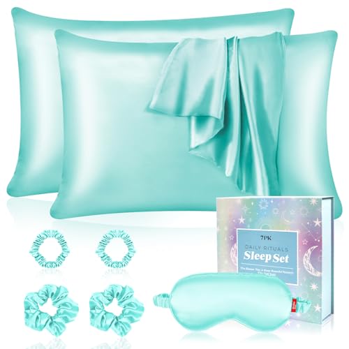 my novel things Satin Pillowcase Gift Set with Silk Satin Sleep Mask 4 Scrunchies, 2Pack Standard Size Silky Pillow Cases Luxury Sleeping 7 Pieces Set for Women Wife Female Birthday Mother Gift
