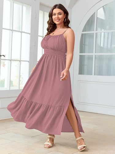 Image of SCOMCHIC Plus Size Summer Boho Dresses Spaghetti Strap Sleeveless Casual Sundress Smocked Flowy Slit Beach Maxi Dress