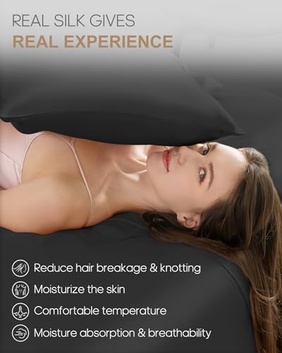 Image of THXSILK Set of 2 100% Mulberry Silk Pillowcase for Hair and Skin Health, 22 Momme Soft and Smooth Pillowcases with Hidden Zipper, Both Sides Premium Pure Silk, California King 20 inchx40 inch, Black