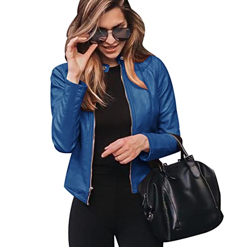 Faux Leather Jacket Women Chaqueta Cuero Sintetico Biker Mujer Chaqueta Motorista Piel Sintetica Simil Cuero Mujer Chaquetas Biker Pu Jacket Women Talla Grande Chaqueta Imitacion Cuero Mujer Azul L