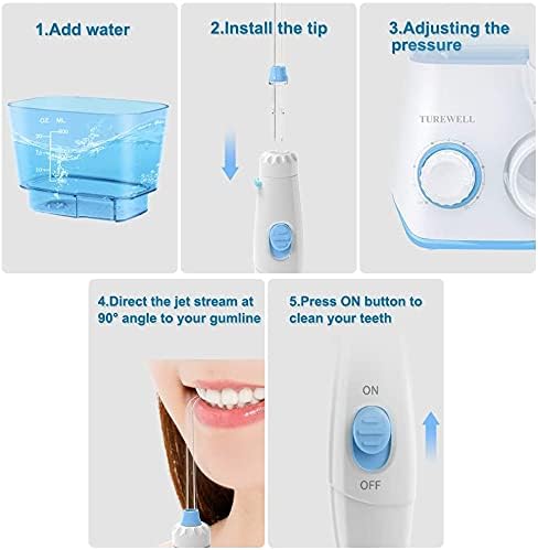 Step-by-step guide showing how to add water, install a tip, adjust pressure, direct the jet stream at a 90-degree angle to the gumline, and press the ON button to clean teeth.