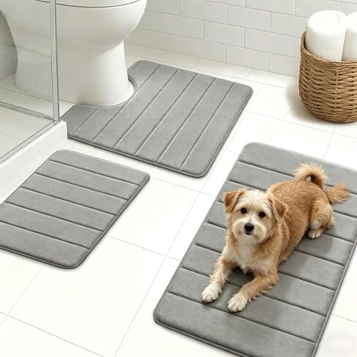 Image of RONGJUKD Memory Foam Bath Mat Sets Bathroom Mat Sets 3 Piece – Non-Slip, Ultra-Soft, Absorbent, Luxury Cushioned Bathroom Rugs with Anti-Skid Backing, Machine Washable – Grey