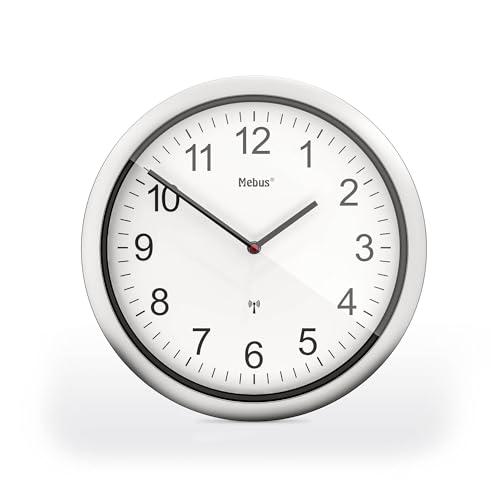 Mebus 26 cm radiostyrd väggklocka tyst, silverram, vit urtavla, modell 19809 – lätt att läsa och elegant